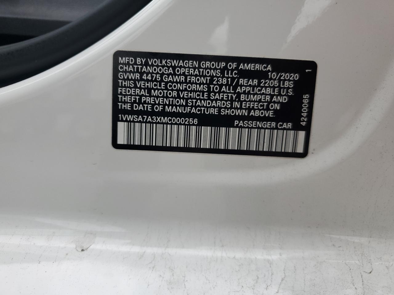 1VWSA7A3XMC000256 2021 Volkswagen Passat Se