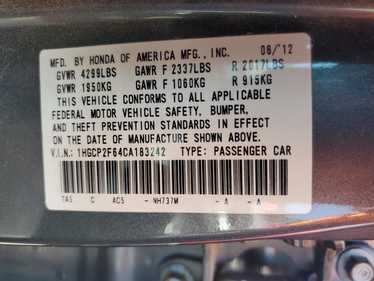 1HGCP2F64CA183242 2012 Honda Accord Se