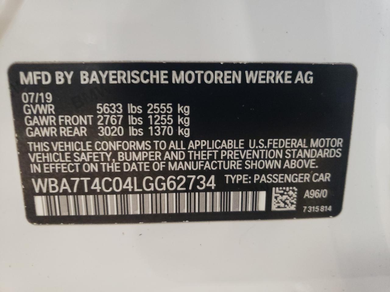 WBA7T4C04LGG62734 2020 BMW 740 Xi