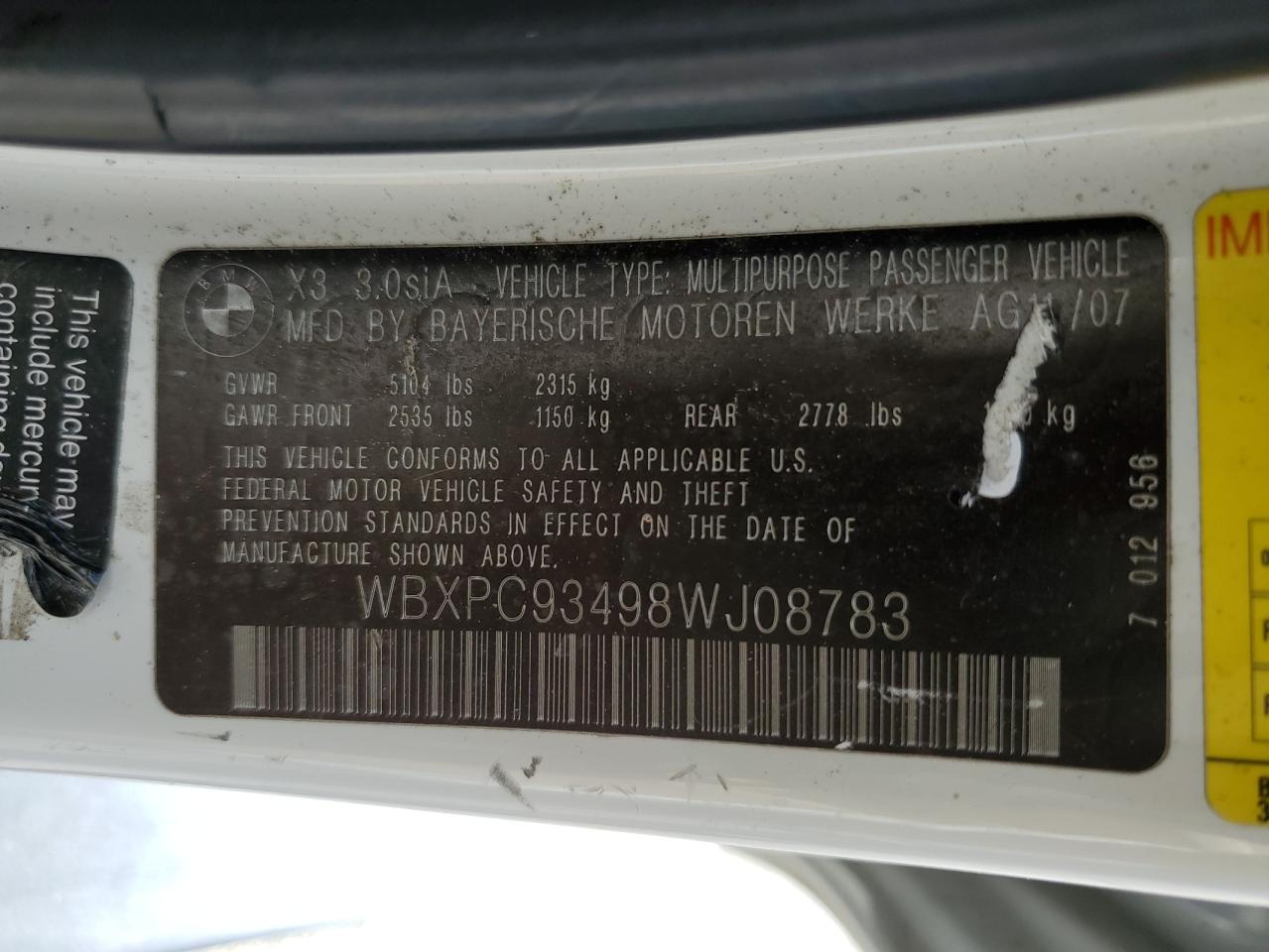 WBXPC93498WJ08783 2008 BMW X3 3.0Si