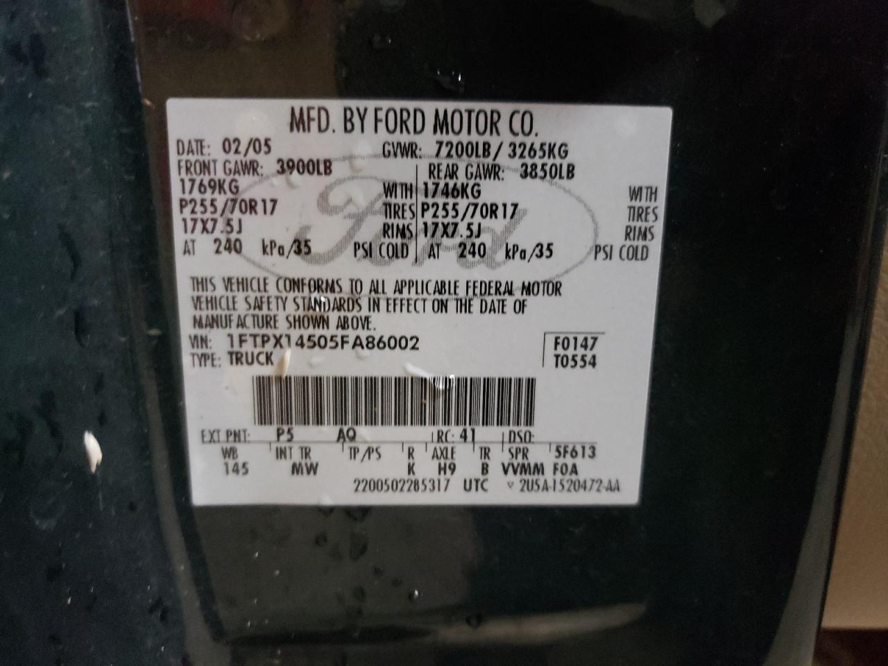 1FTPX14505FA86002 2005 Ford F150