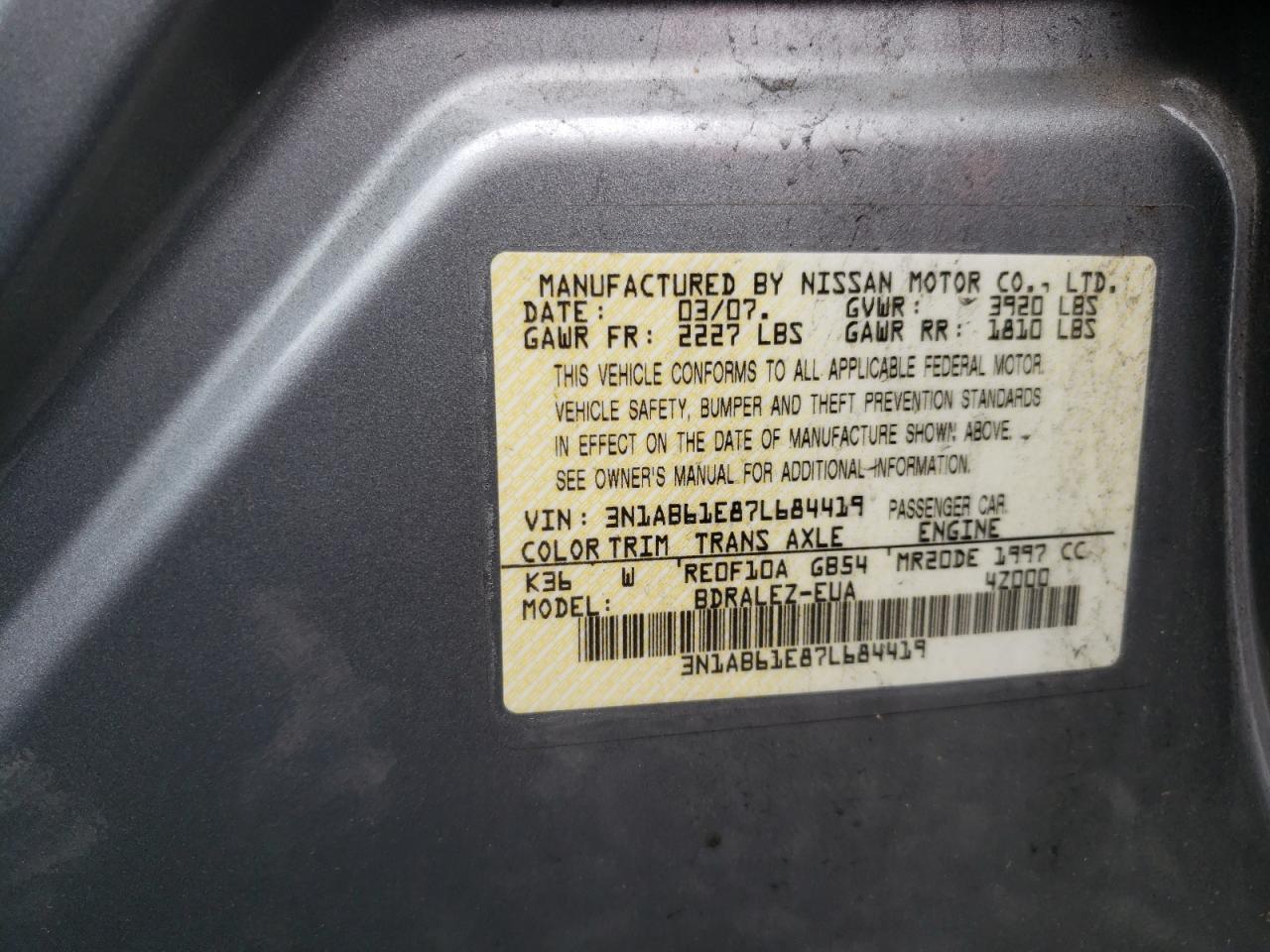 3N1AB61E87L684419 2007 Nissan Sentra 2.0