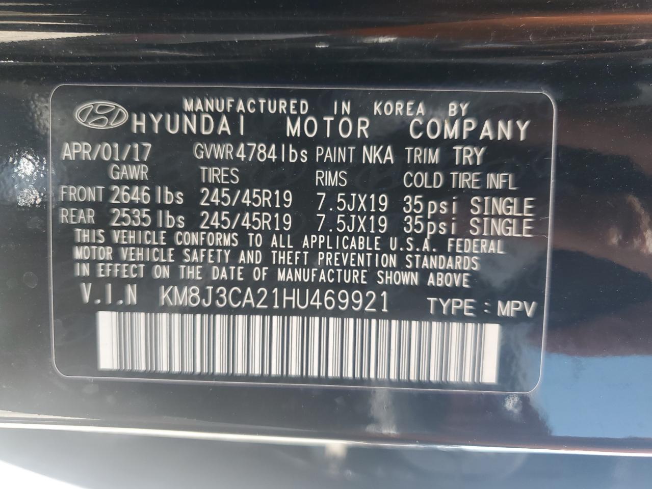 KM8J3CA21HU469921 2017 Hyundai Tucson Limited