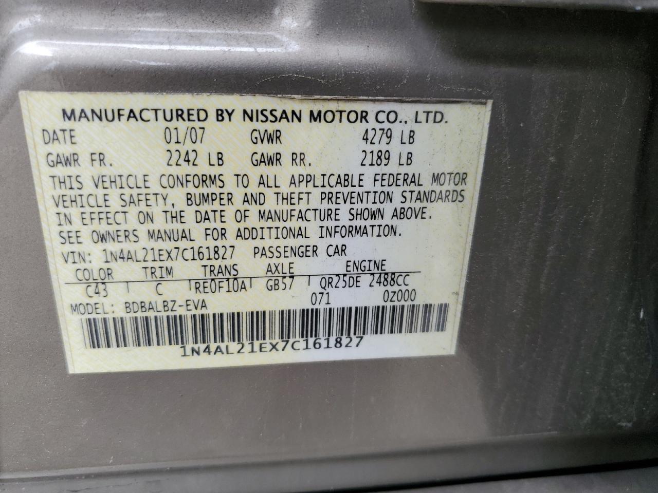 1N4AL21EX7C161827 2007 Nissan Altima 2.5