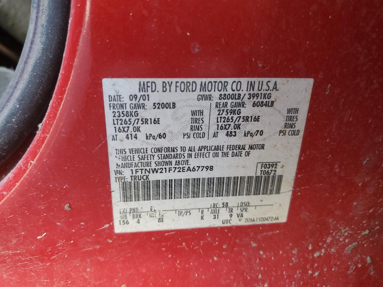 1FTNW21F72EA67798 2002 Ford F250 Super Duty