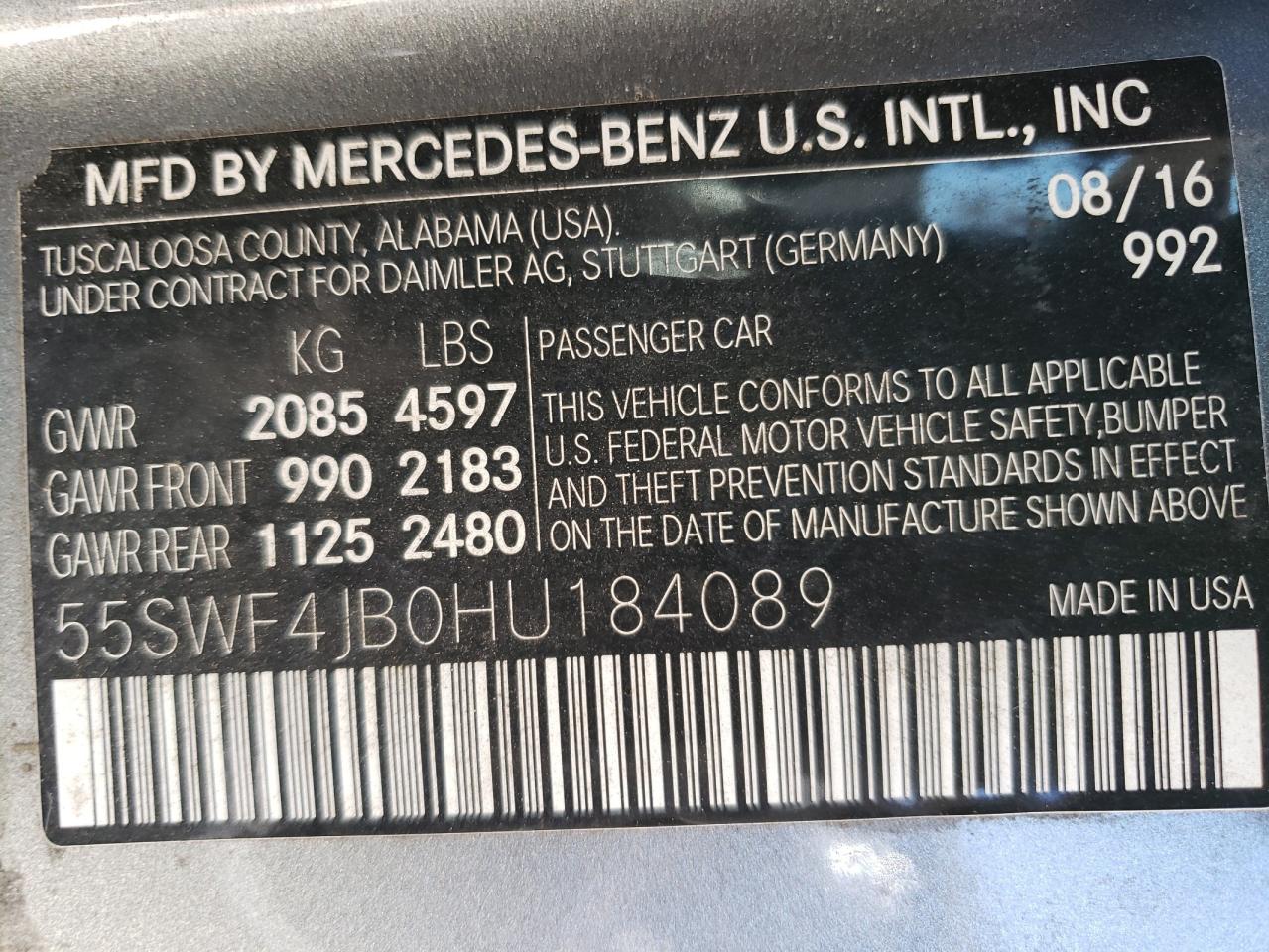 55SWF4JB0HU184089 2017 Mercedes-Benz C 300