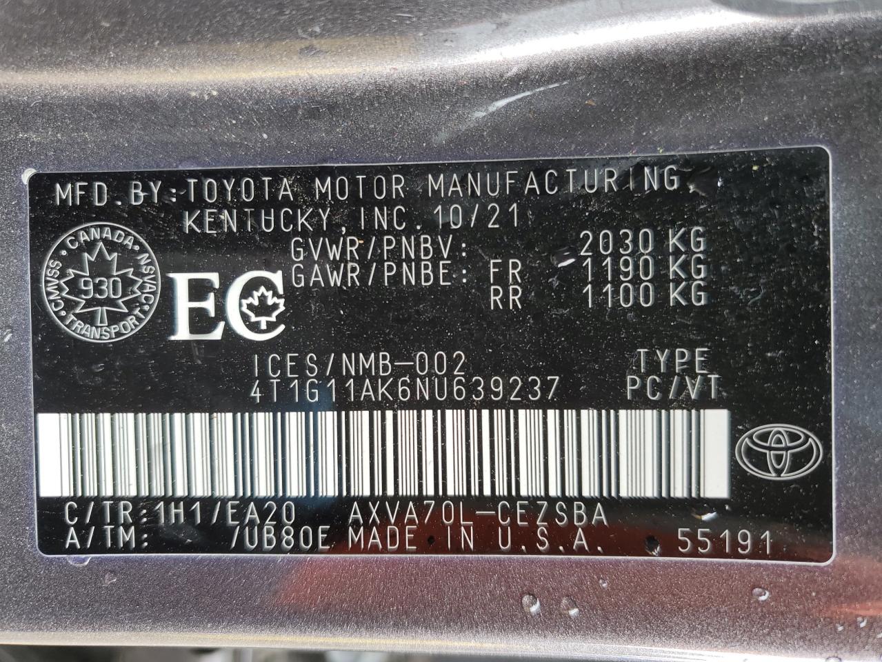 4T1G11AK6NU639237 2022 Toyota Camry Se