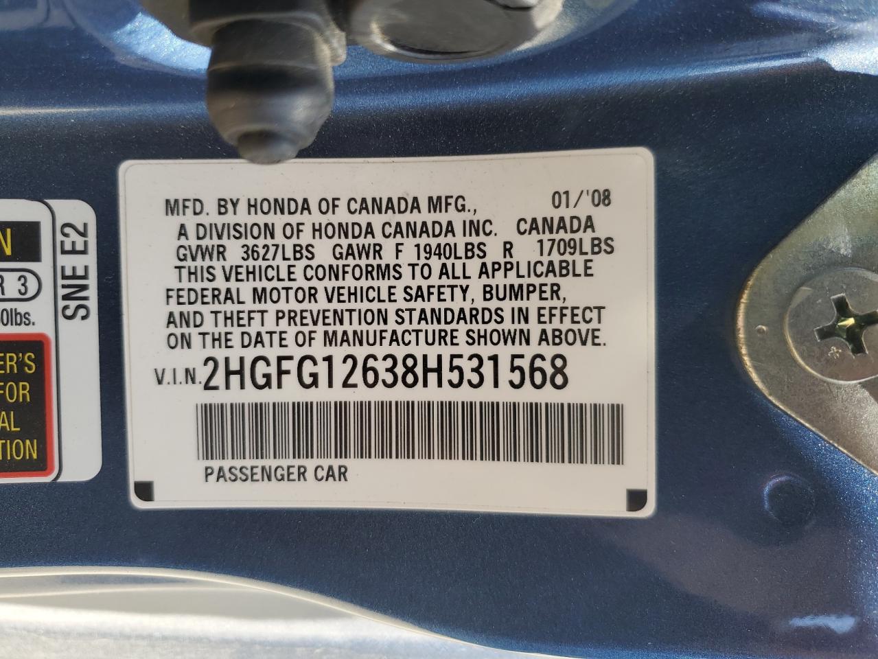 2HGFG12638H531568 2008 Honda Civic Lx