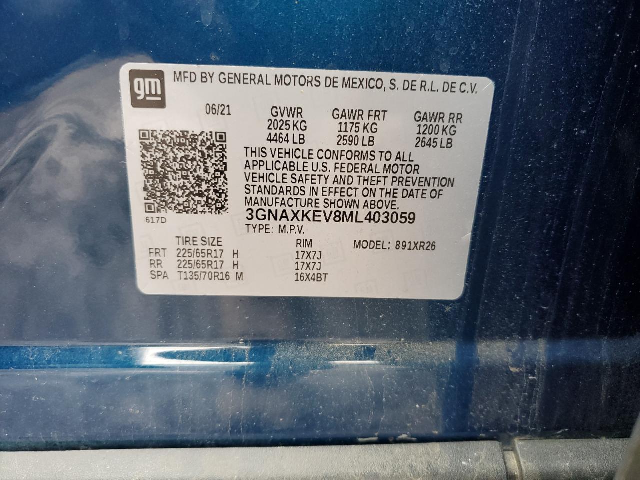 3GNAXKEV8ML403059 2021 Chevrolet Equinox Lt