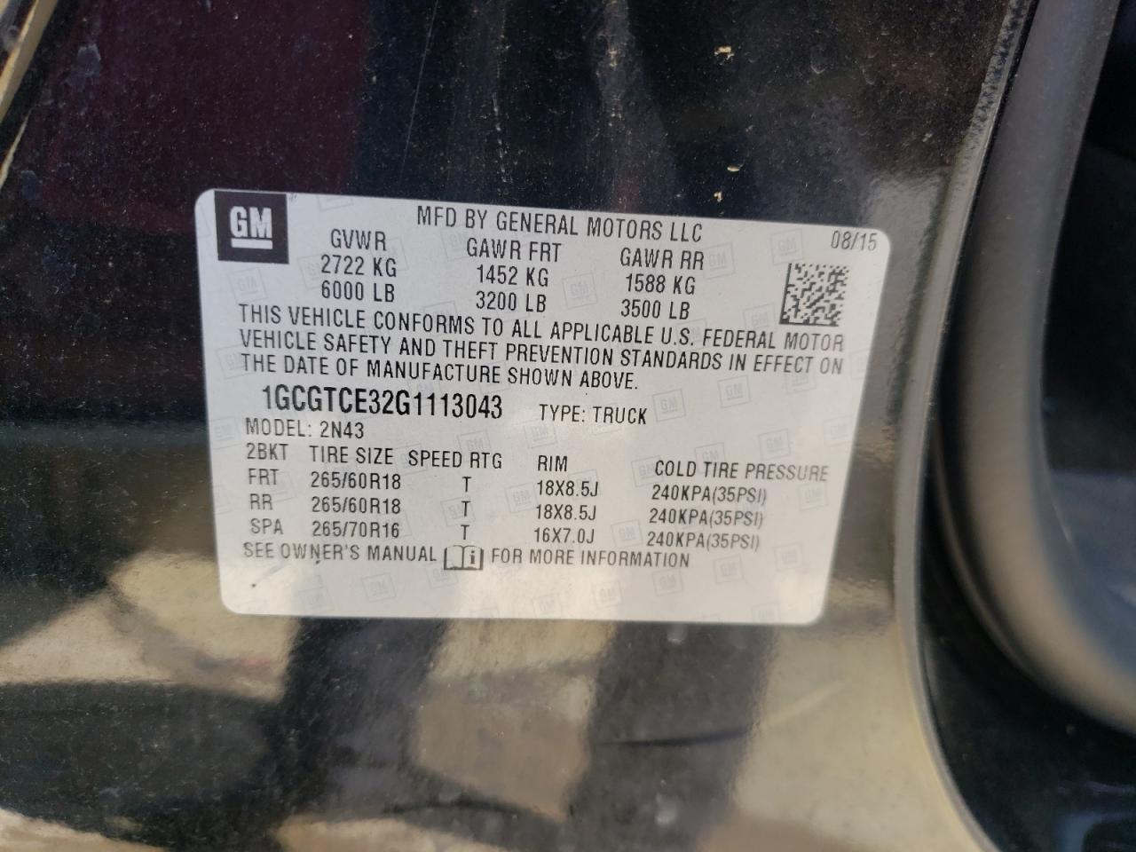 1GCGTCE32G1113043 2016 Chevrolet Colorado Lt