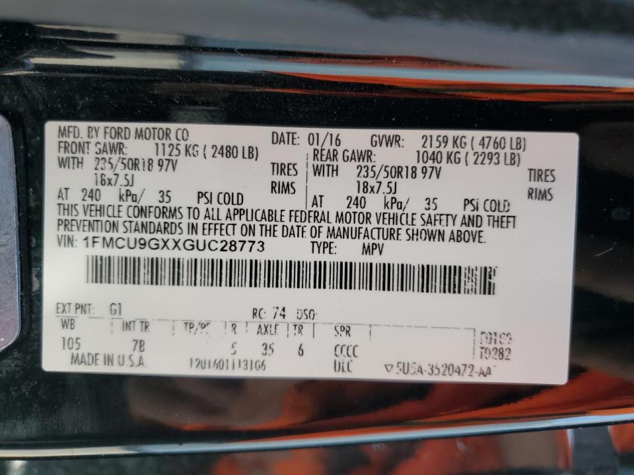 VIN: 1FMCU9GXXGUC28773 2016 FORD ESCAPE