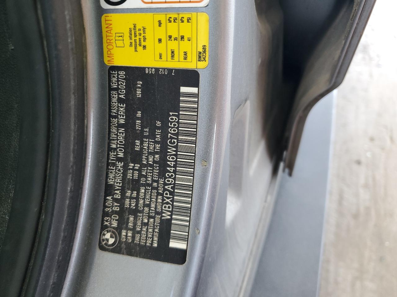 WBXPA93446WG76591 2006 BMW X3 3.0I