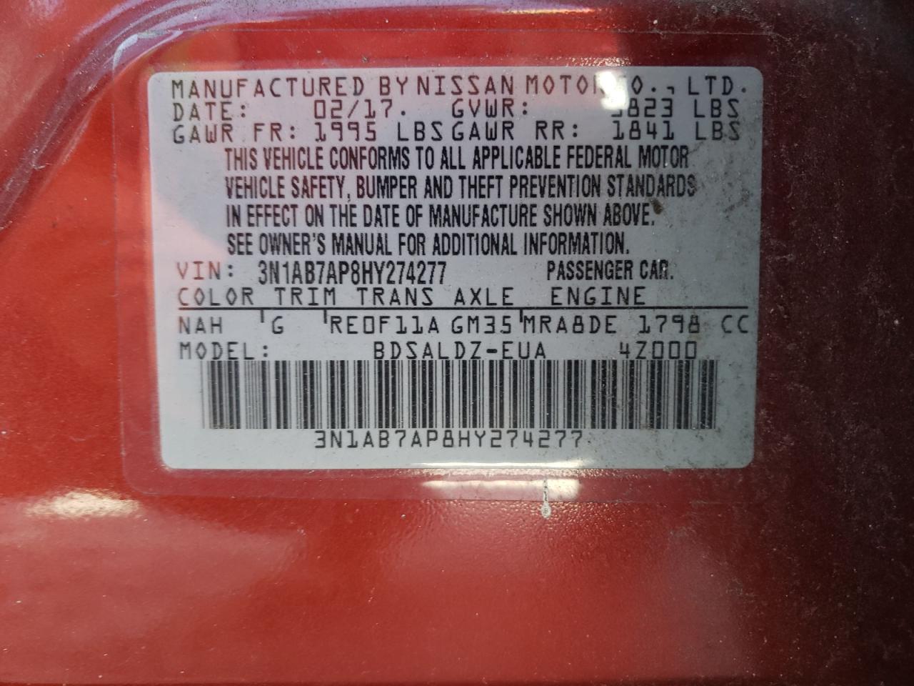 3N1AB7AP8HY274277 2017 Nissan Sentra S