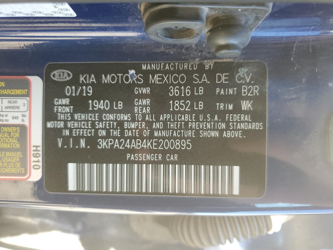 3KPA24AB4KE200895 2019 Kia Rio S