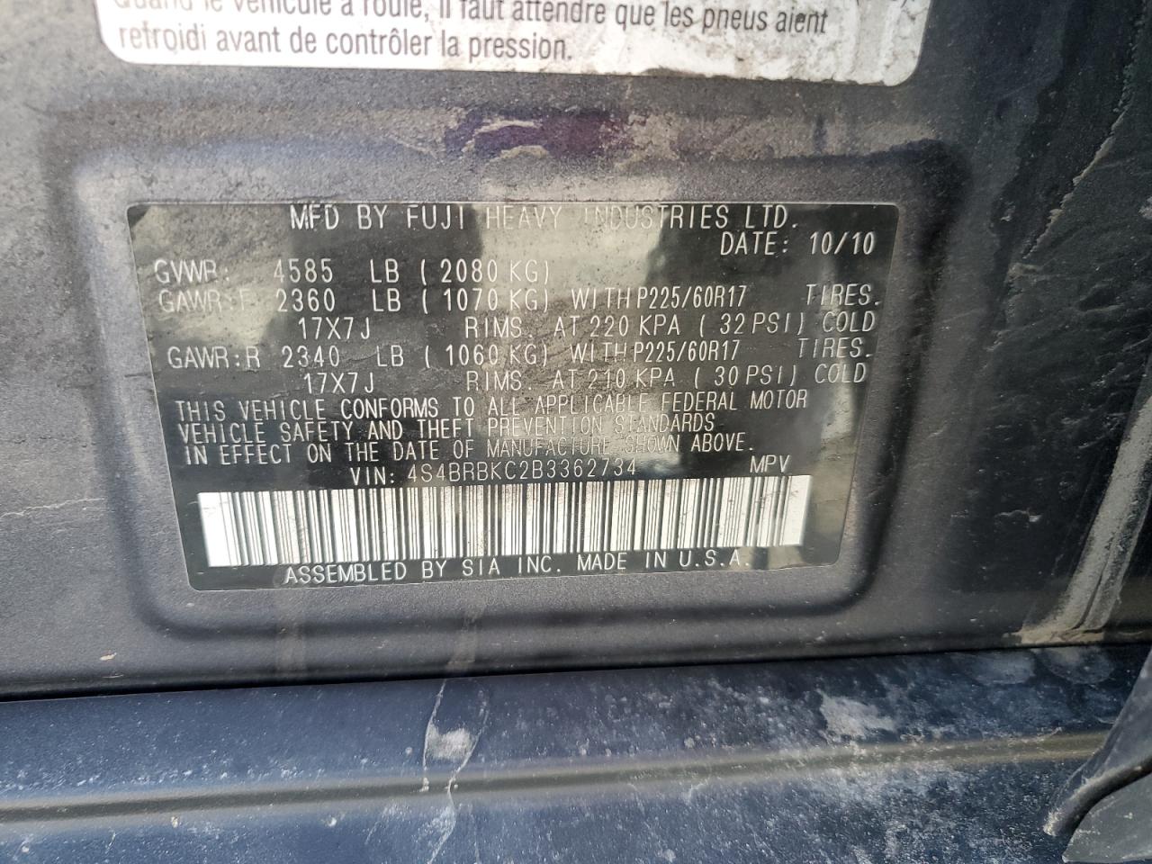 4S4BRBKC2B3362734 2011 Subaru Outback 2.5I Limited