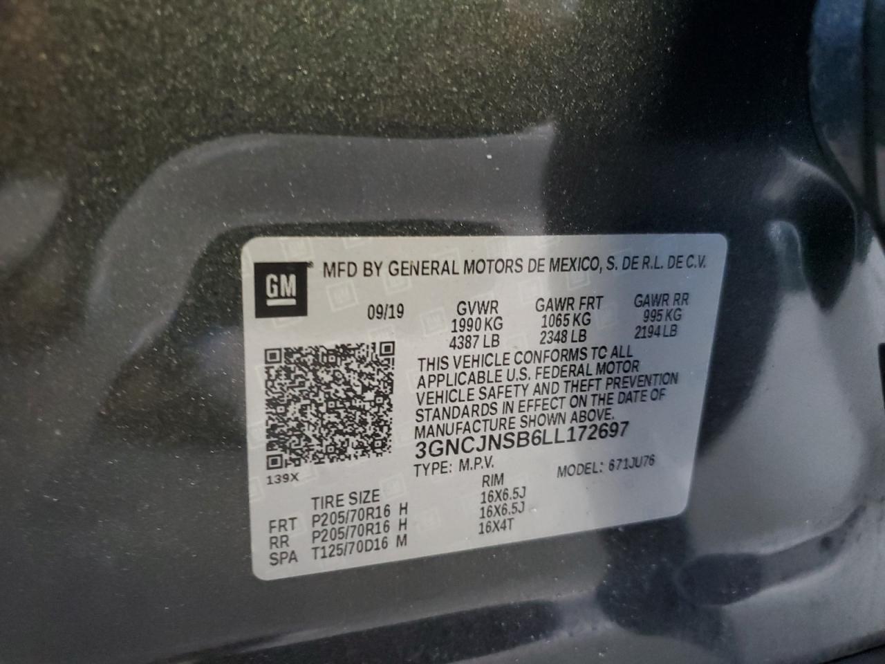 3GNCJNSB6LL172697 2020 Chevrolet Trax Ls