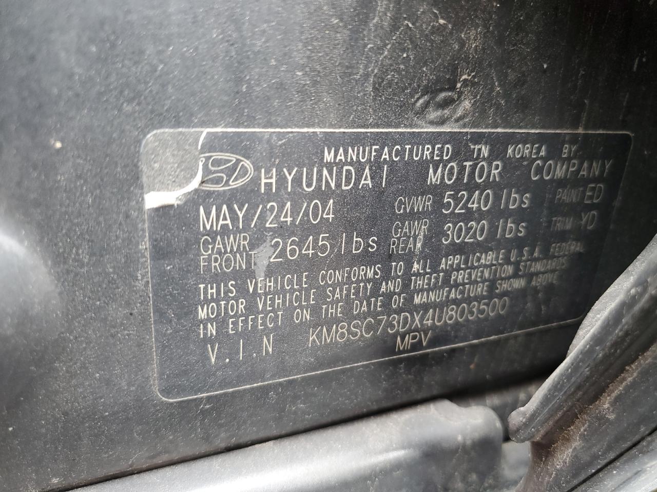 KM8SC73DX4U803500 2004 Hyundai Santa Fe Gls