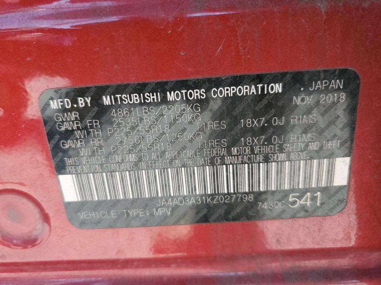 JA4AD3A31KZ027798 2019 Mitsubishi Outlander Se