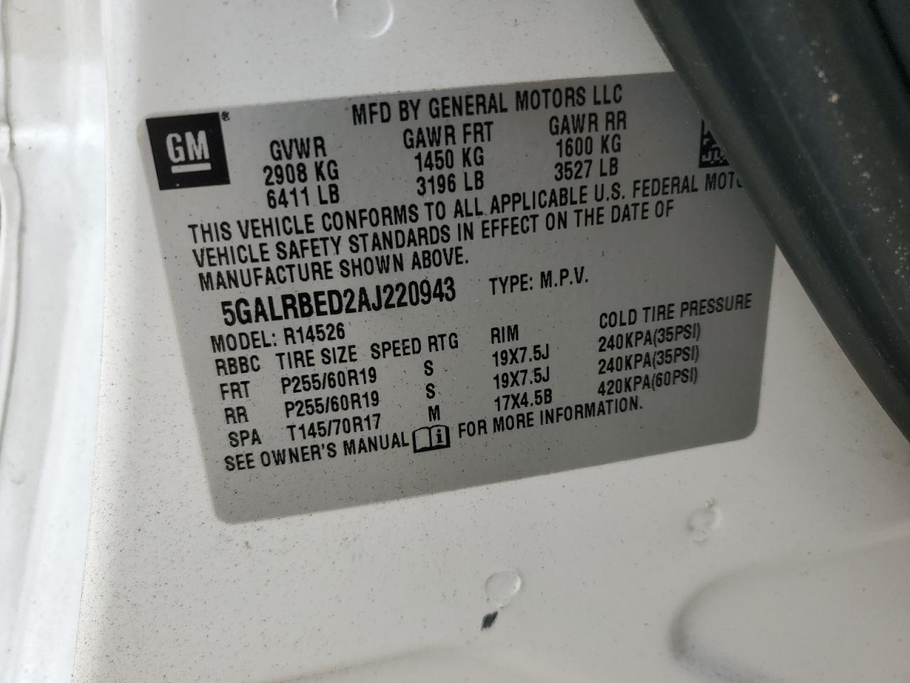 5GALRBED2AJ220943 2010 Buick Enclave Cxl