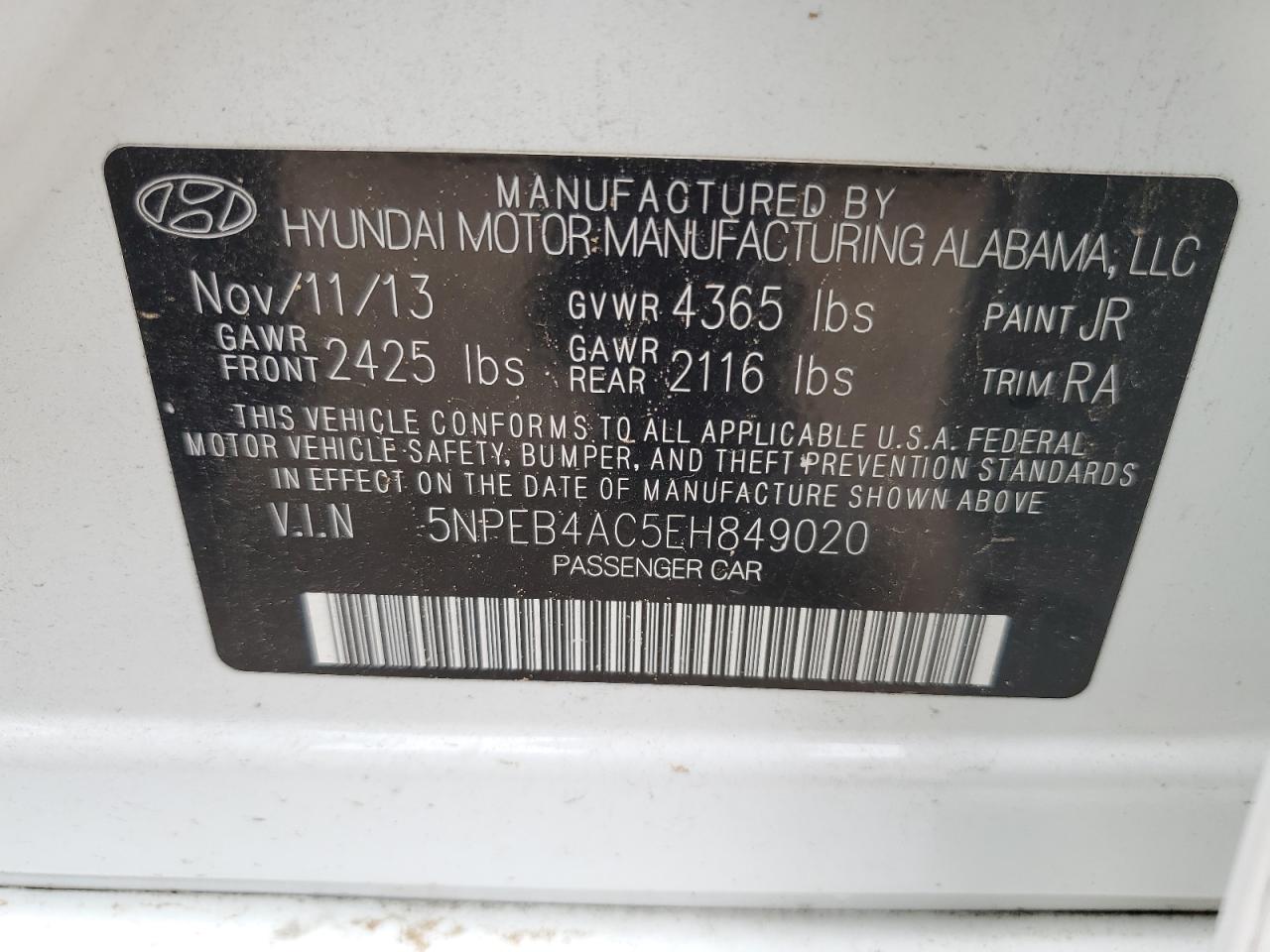 5NPEB4AC5EH849020 2014 Hyundai Sonata Gls