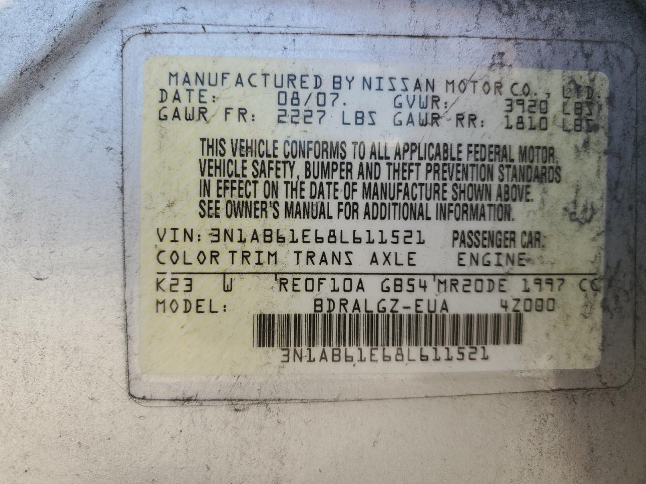 3N1AB61E68L611521 2008 Nissan Sentra 2.0