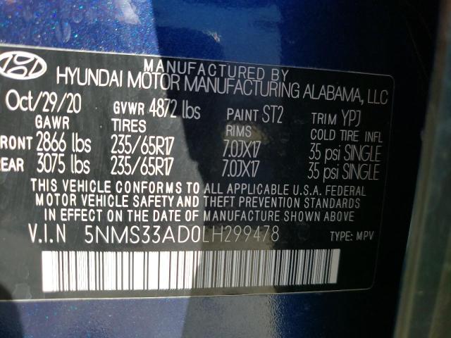 2020 Hyundai Santa Fe Sel VIN: 5NMS33AD0LH299478 Lot: 56714254