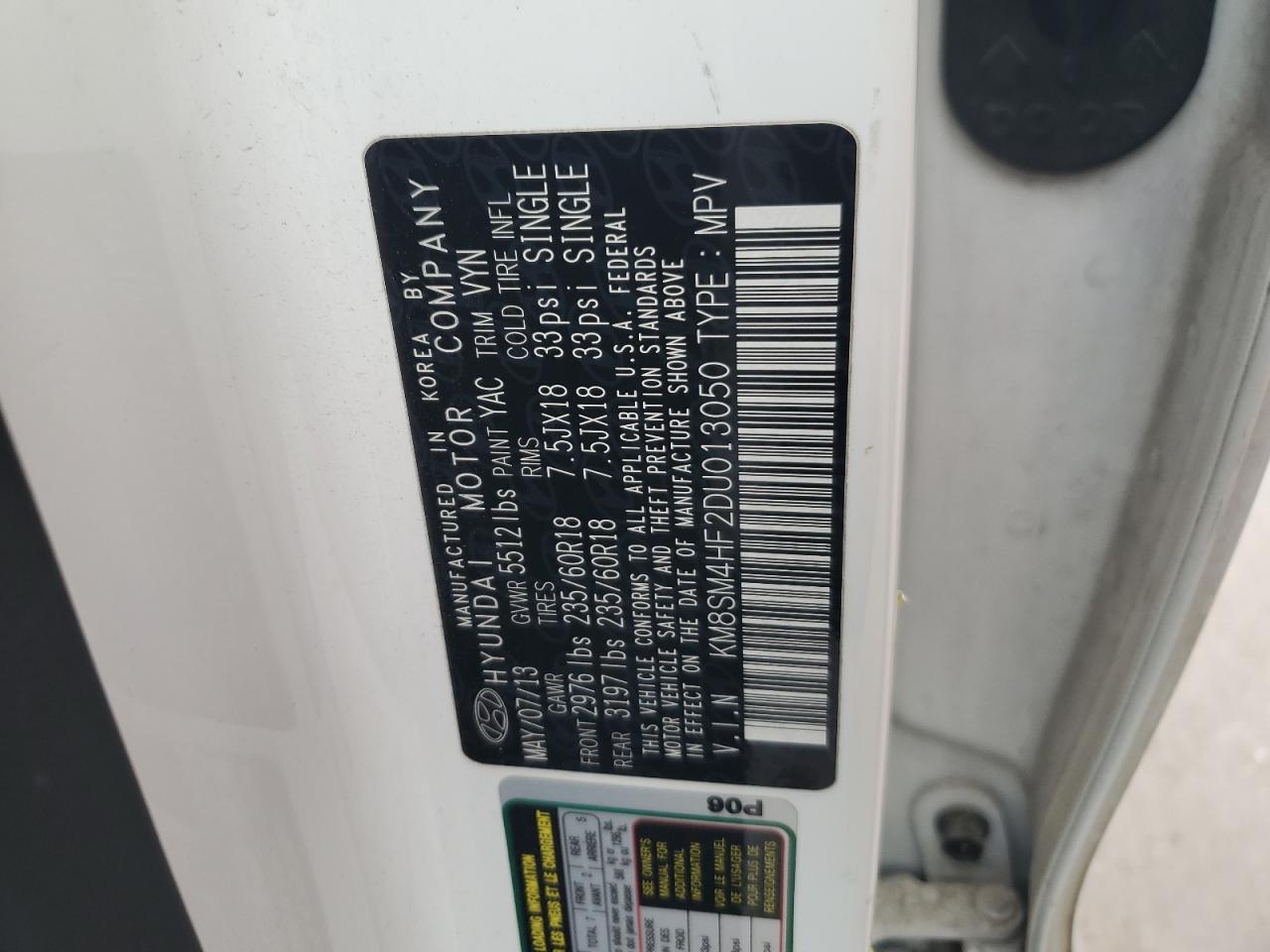 KM8SM4HF2DU013050 2013 Hyundai Santa Fe Gls