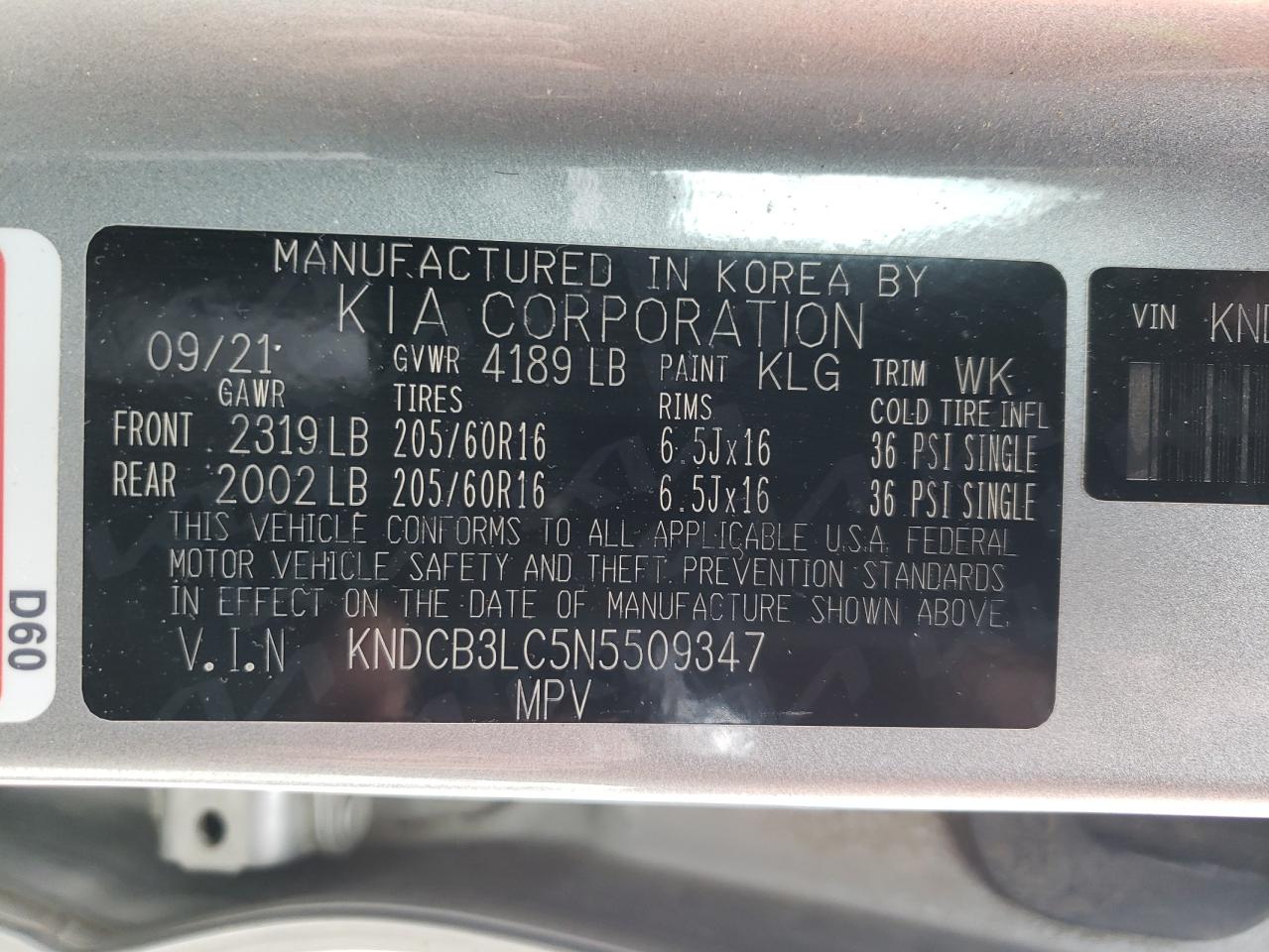 KNDCB3LC5N5509347 2022 Kia Niro Lx