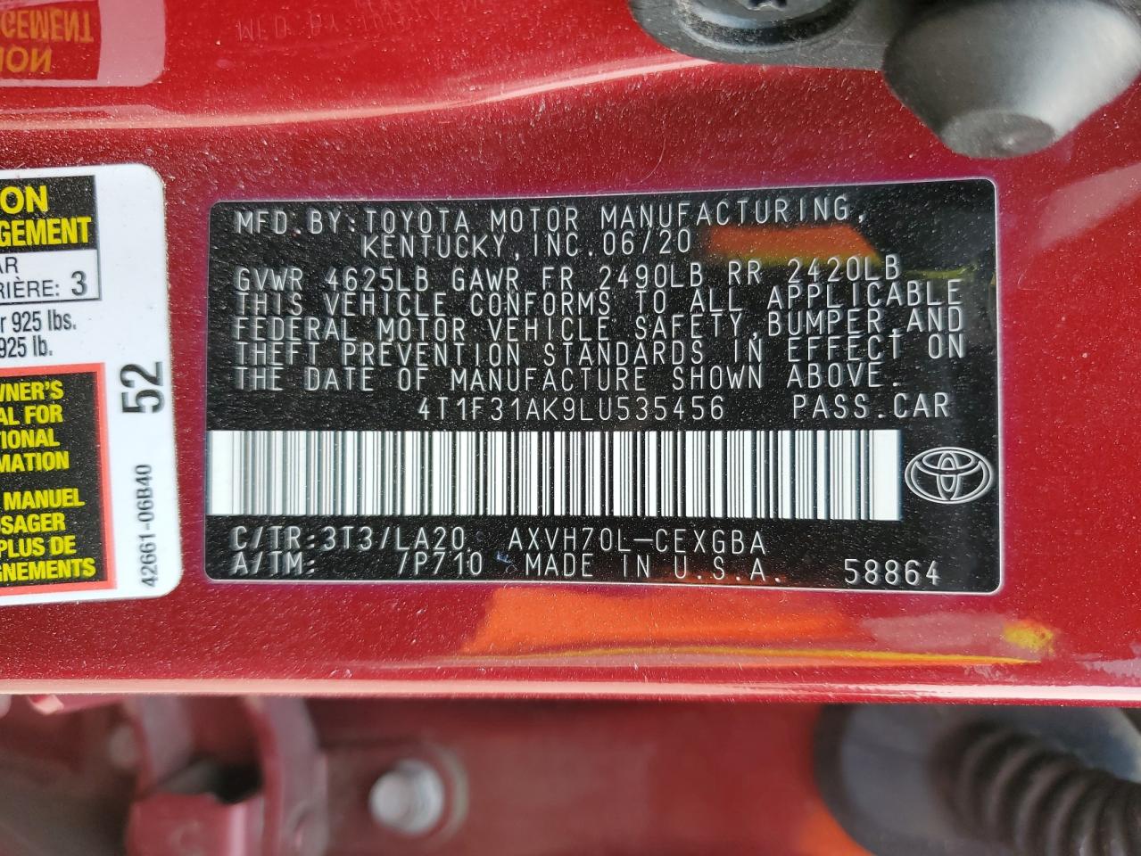 4T1F31AK9LU535456 2020 Toyota Camry Xle