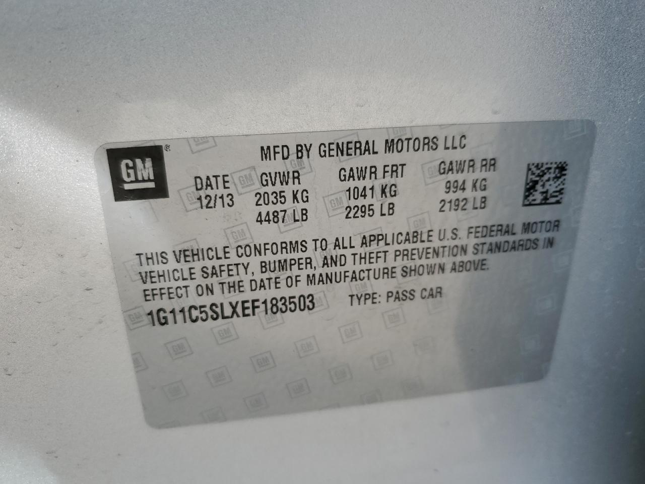 1G11C5SLXEF183503 2014 Chevrolet Malibu 1Lt