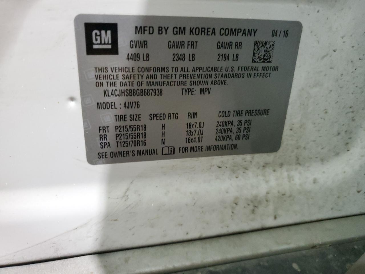 KL4CJHSB8GB687938 2016 Buick Encore Premium