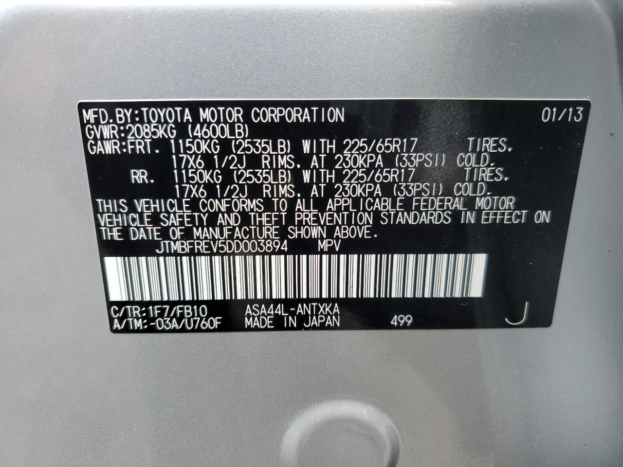 JTMBFREV5DD003894 2013 Toyota Rav4 Le