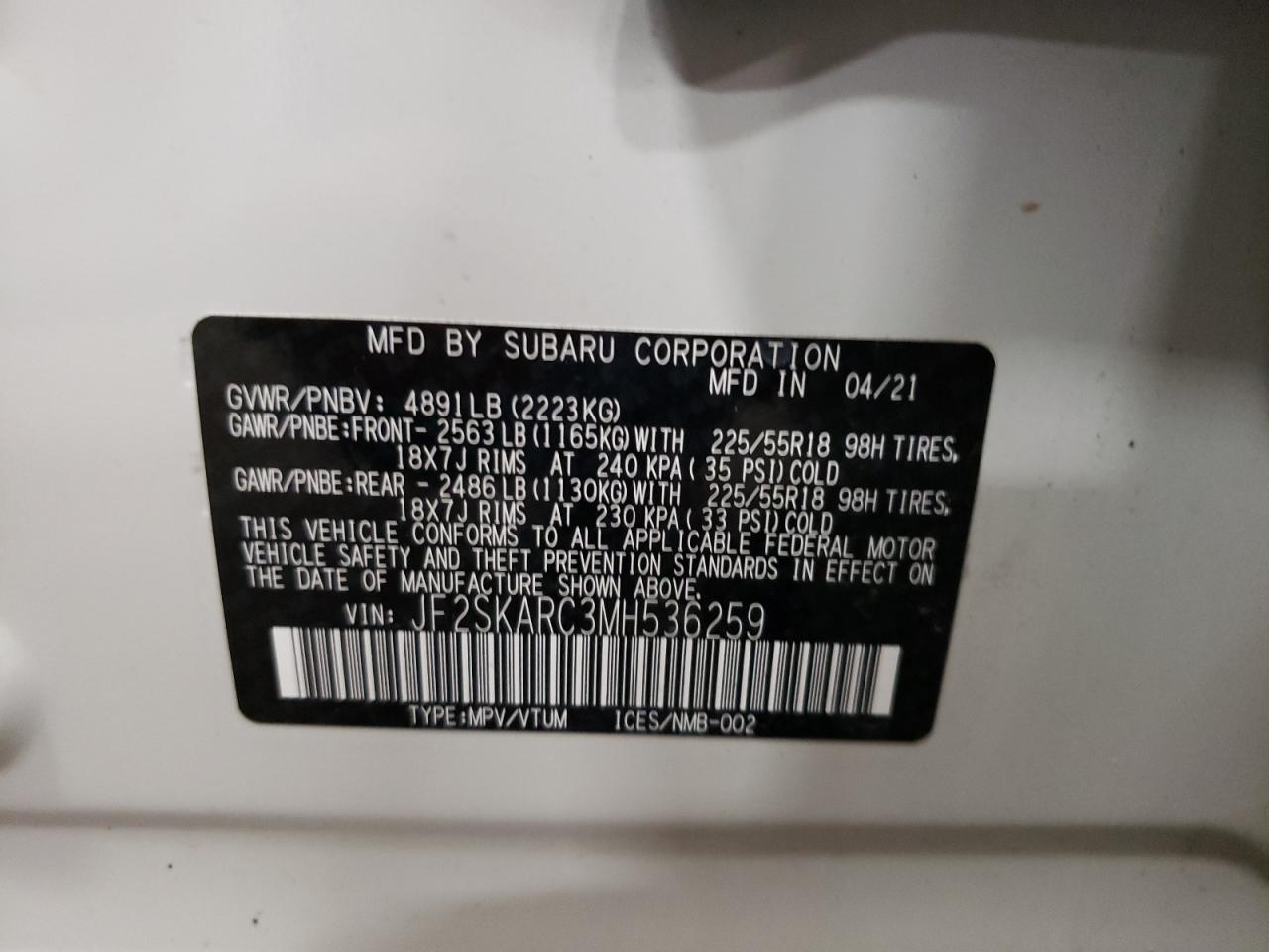 JF2SKARC3MH536259 2021 Subaru Forester Sport