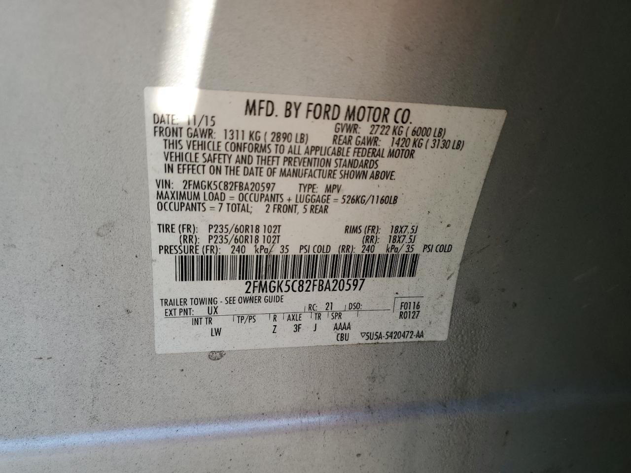 2FMGK5C82FBA20597 2015 Ford Flex Sel