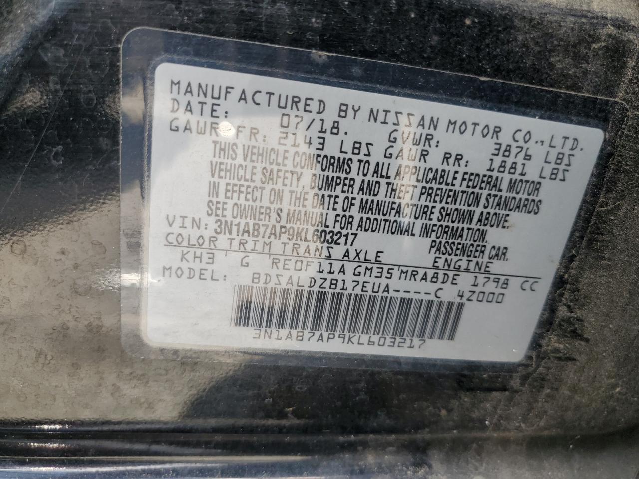 3N1AB7AP9KL603217 2019 Nissan Sentra S