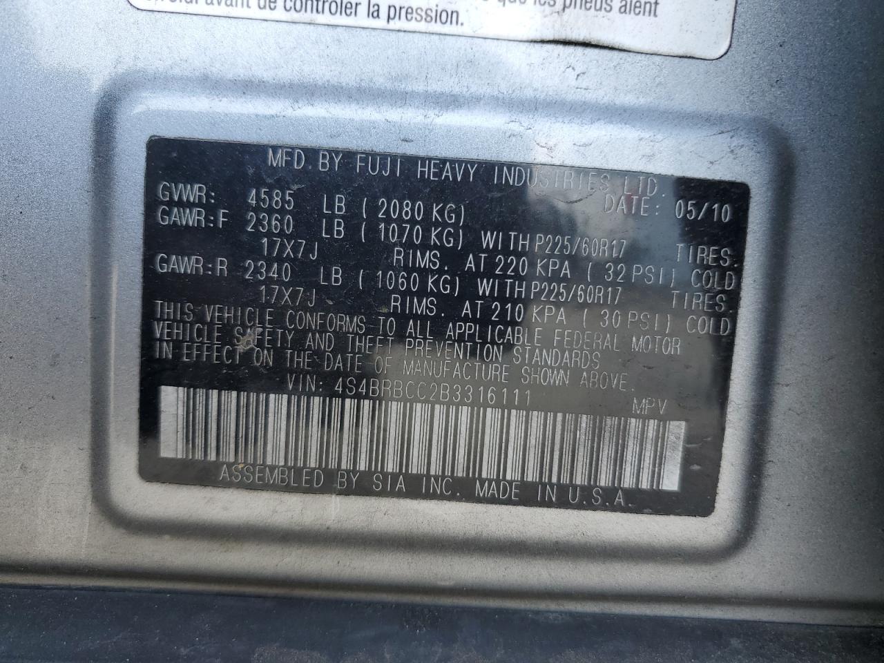 4S4BRBCC2B3316111 2011 Subaru Outback 2.5I Premium