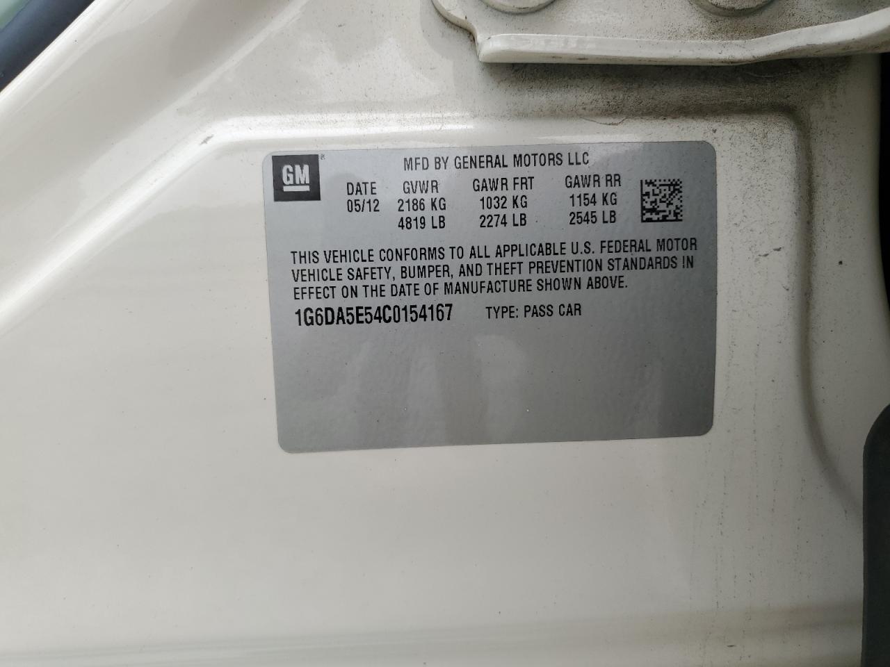 1G6DA5E54C0154167 2012 Cadillac Cts