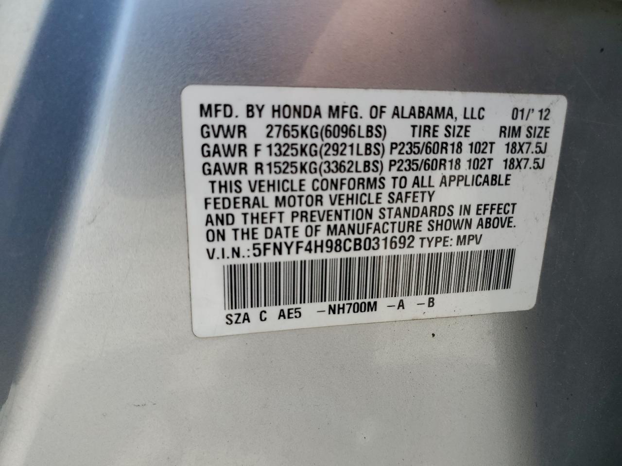 5FNYF4H98CB031692 2012 Honda Pilot Touring