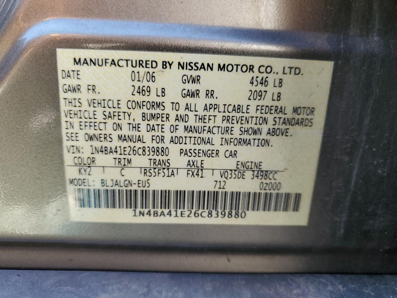 1N4BA41E26C839880 2006 Nissan Maxima Se