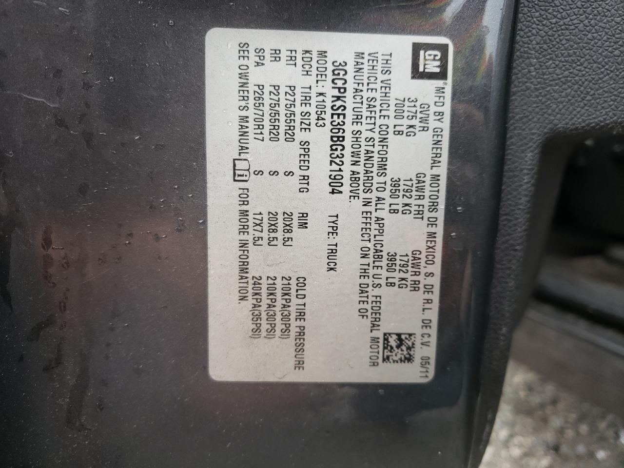 3GCPKSE36BG321904 2011 Chevrolet Silverado K1500 Lt