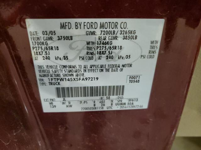 2005 Ford F150 Supercrew VIN: 1FTPW145X5FA97219 Lot: 54254494