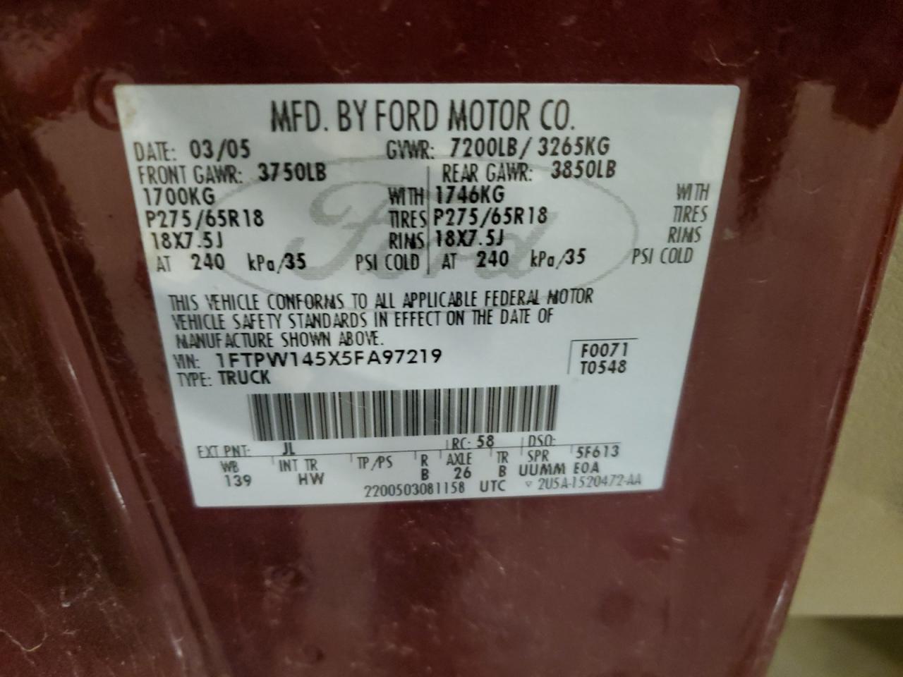 1FTPW145X5FA97219 2005 Ford F150 Supercrew