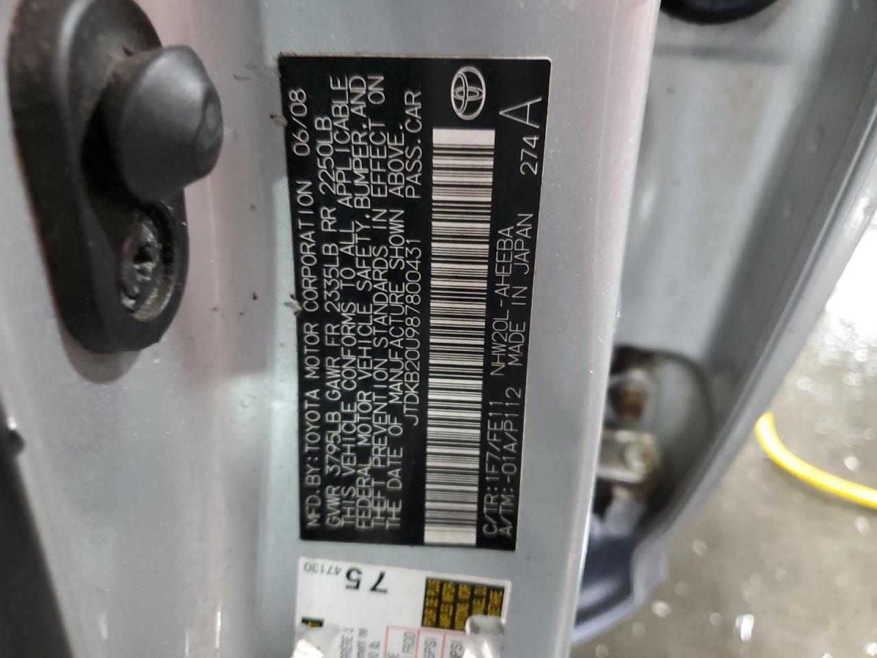 JTDKB20U987800431 2008 Toyota Prius