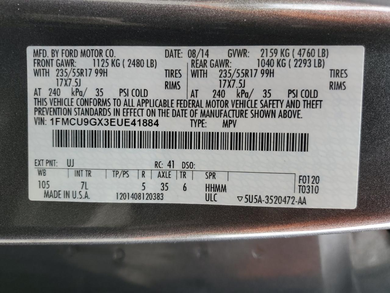 1FMCU9GX3EUE41884 2014 Ford Escape Se