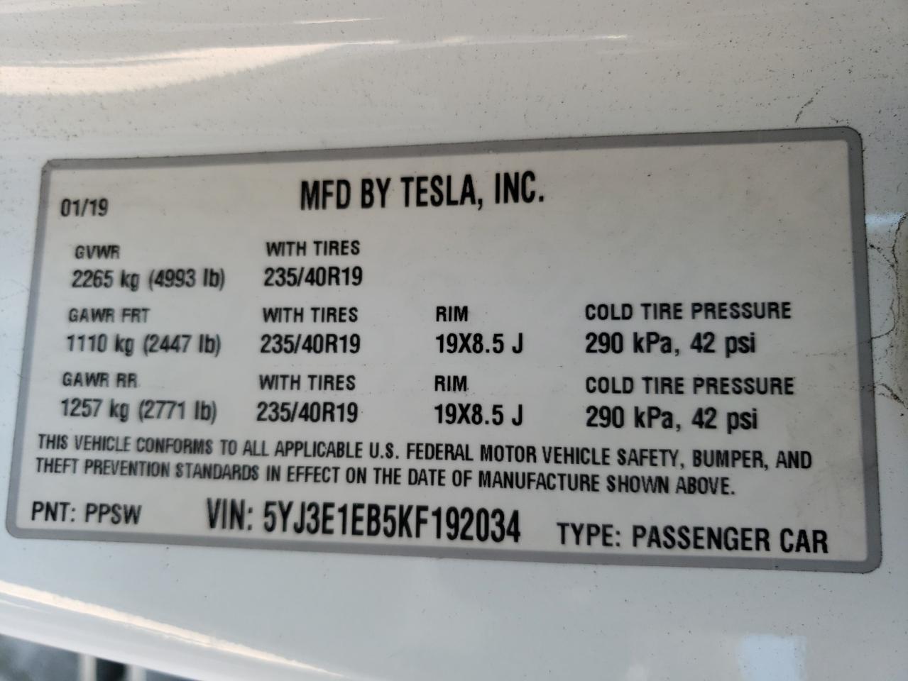 5YJ3E1EB5KF192034 2019 Tesla Model 3