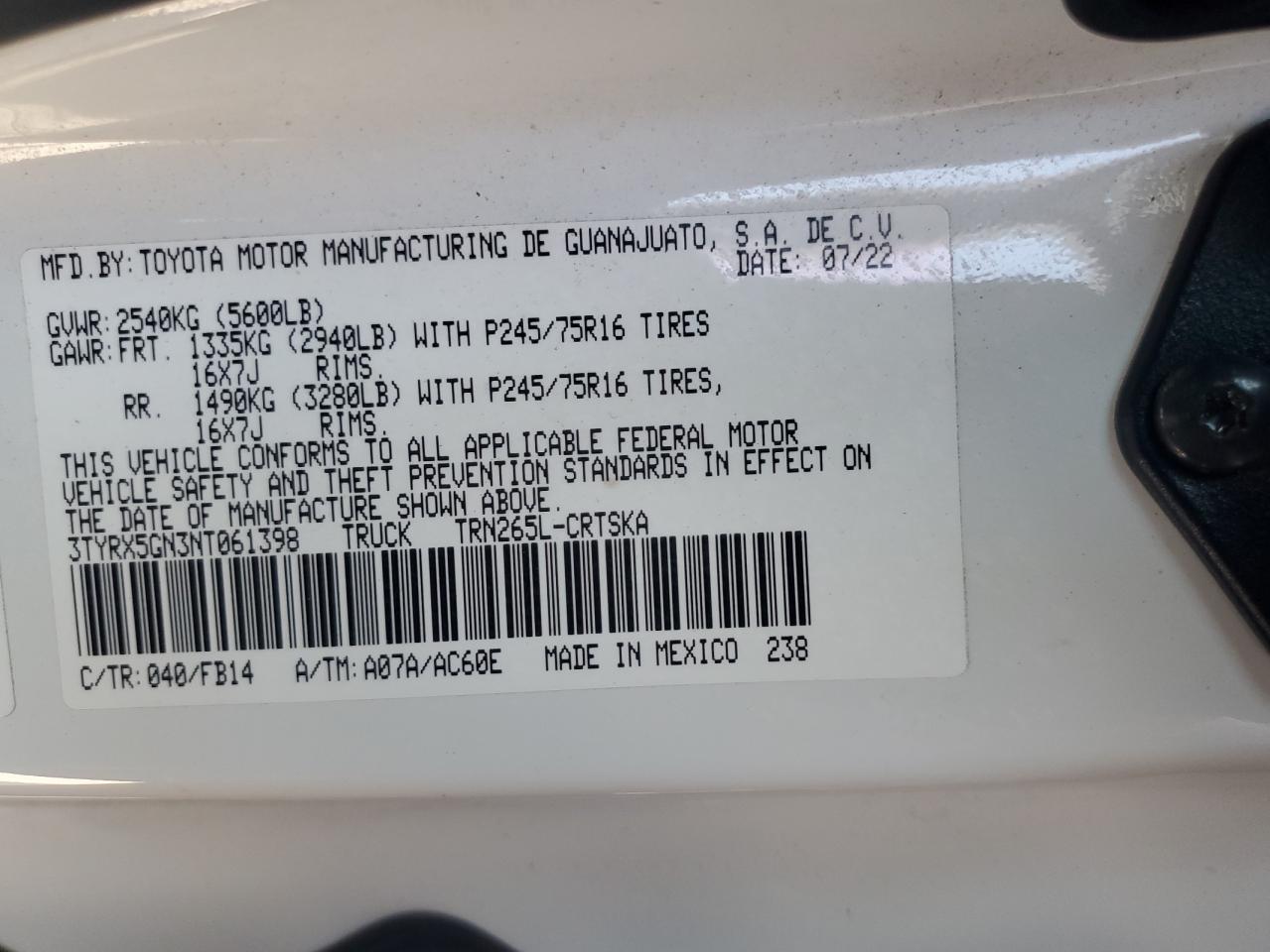 3TYRX5GN3NT061398 2022 Toyota Tacoma Access Cab