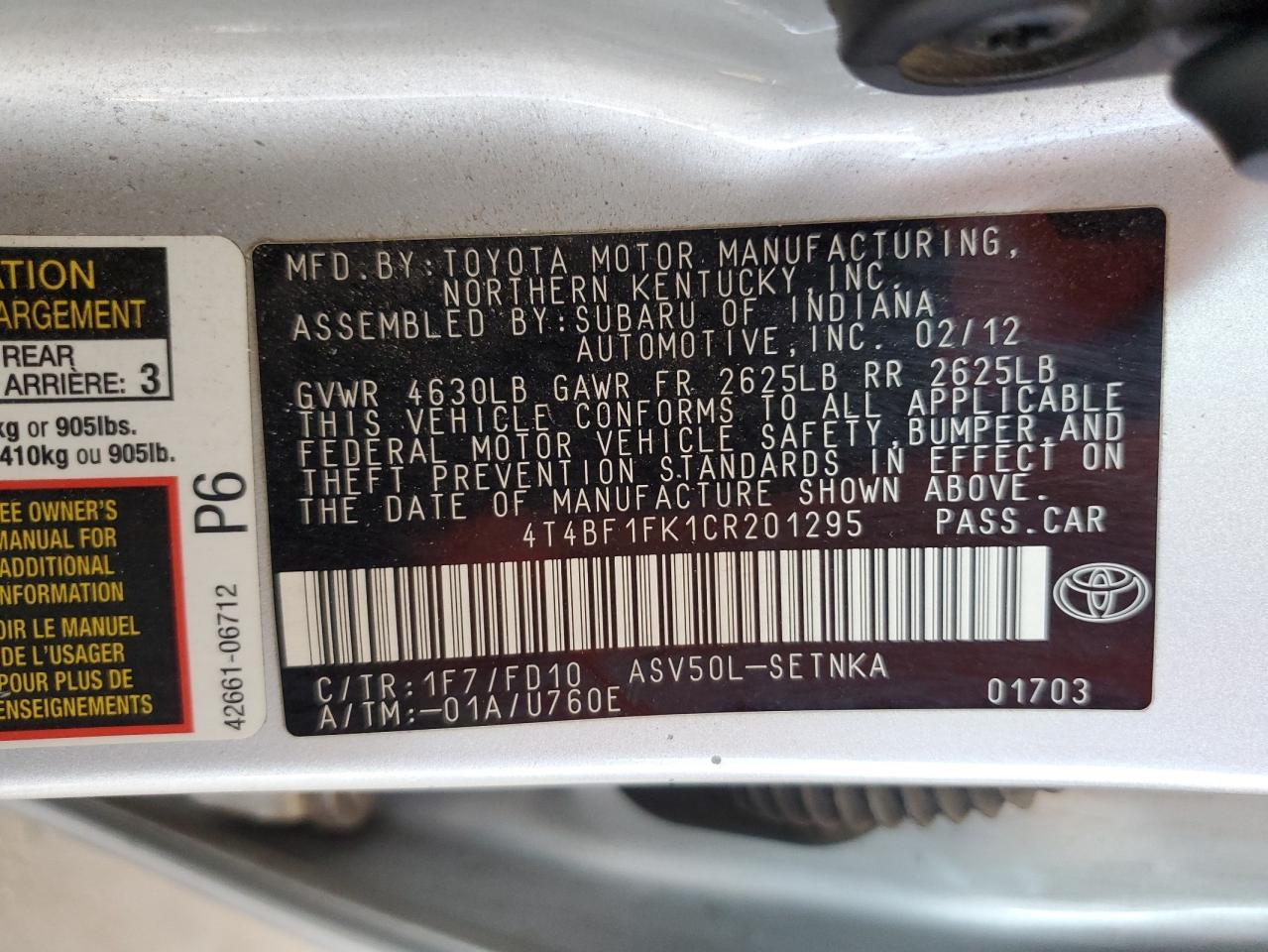 4T4BF1FK1CR201295 2012 Toyota Camry Base