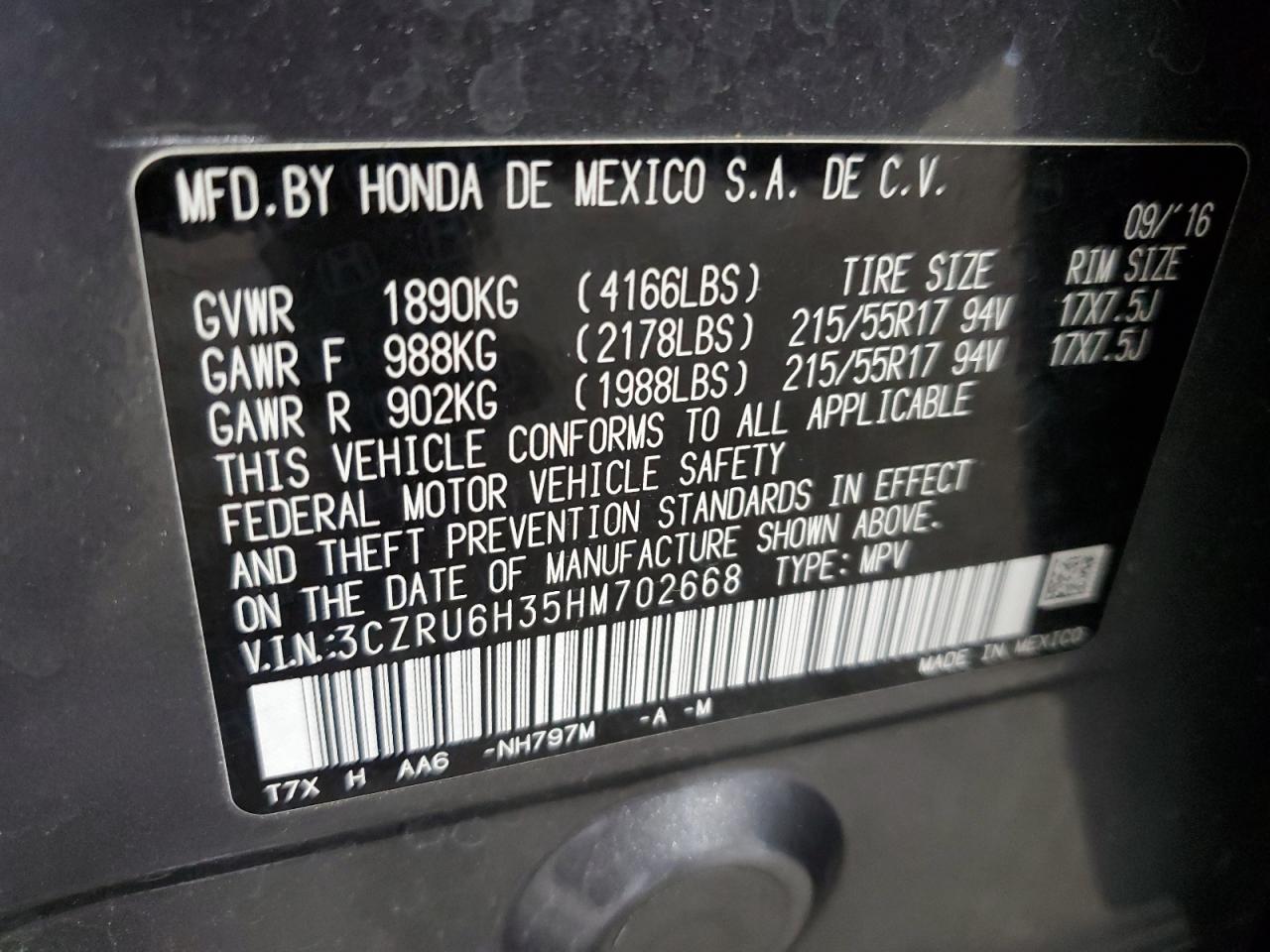 3CZRU6H35HM702668 2017 Honda Hr-V Lx