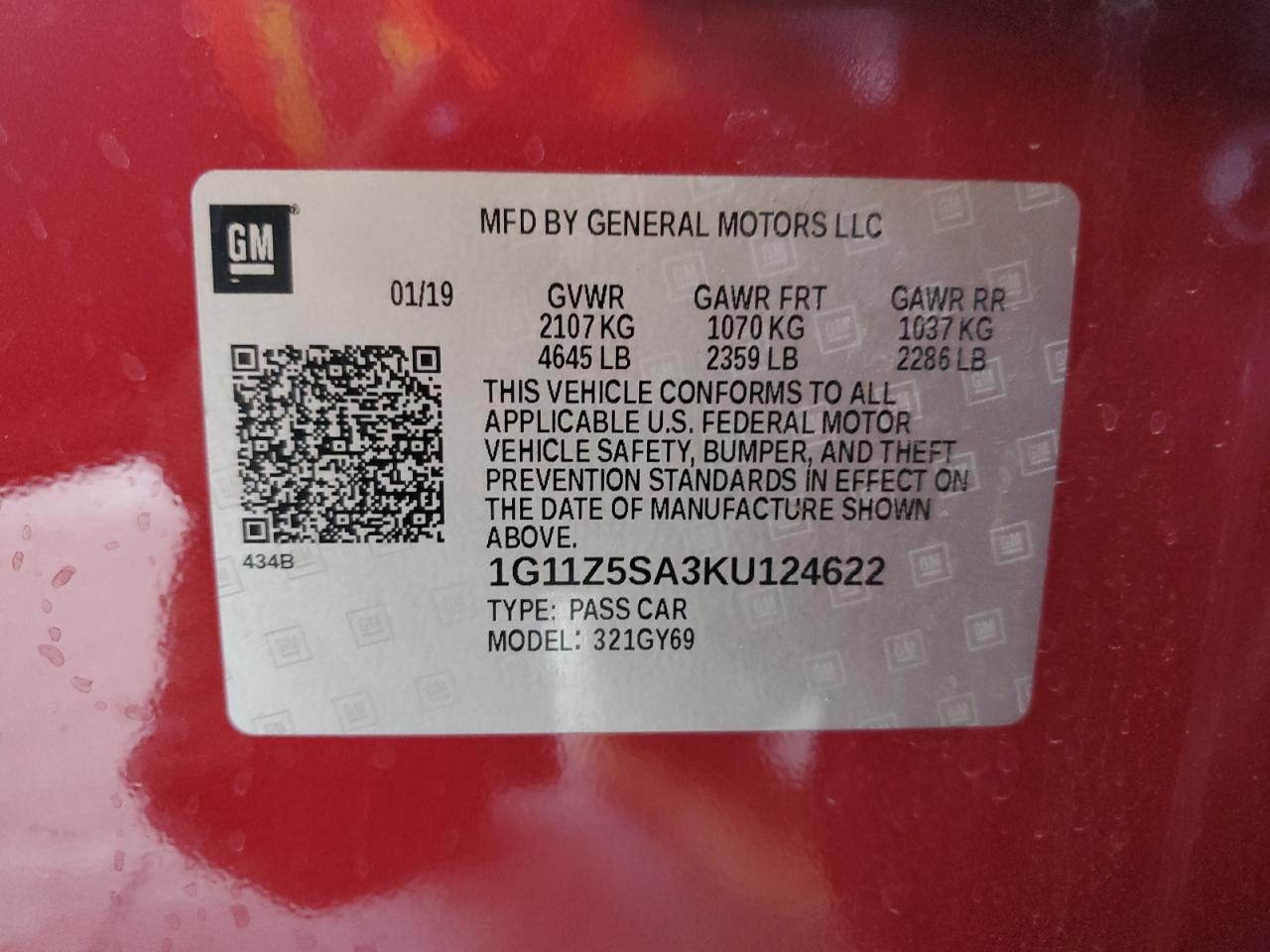 1G11Z5SA3KU124622 2019 Chevrolet Impala Lt