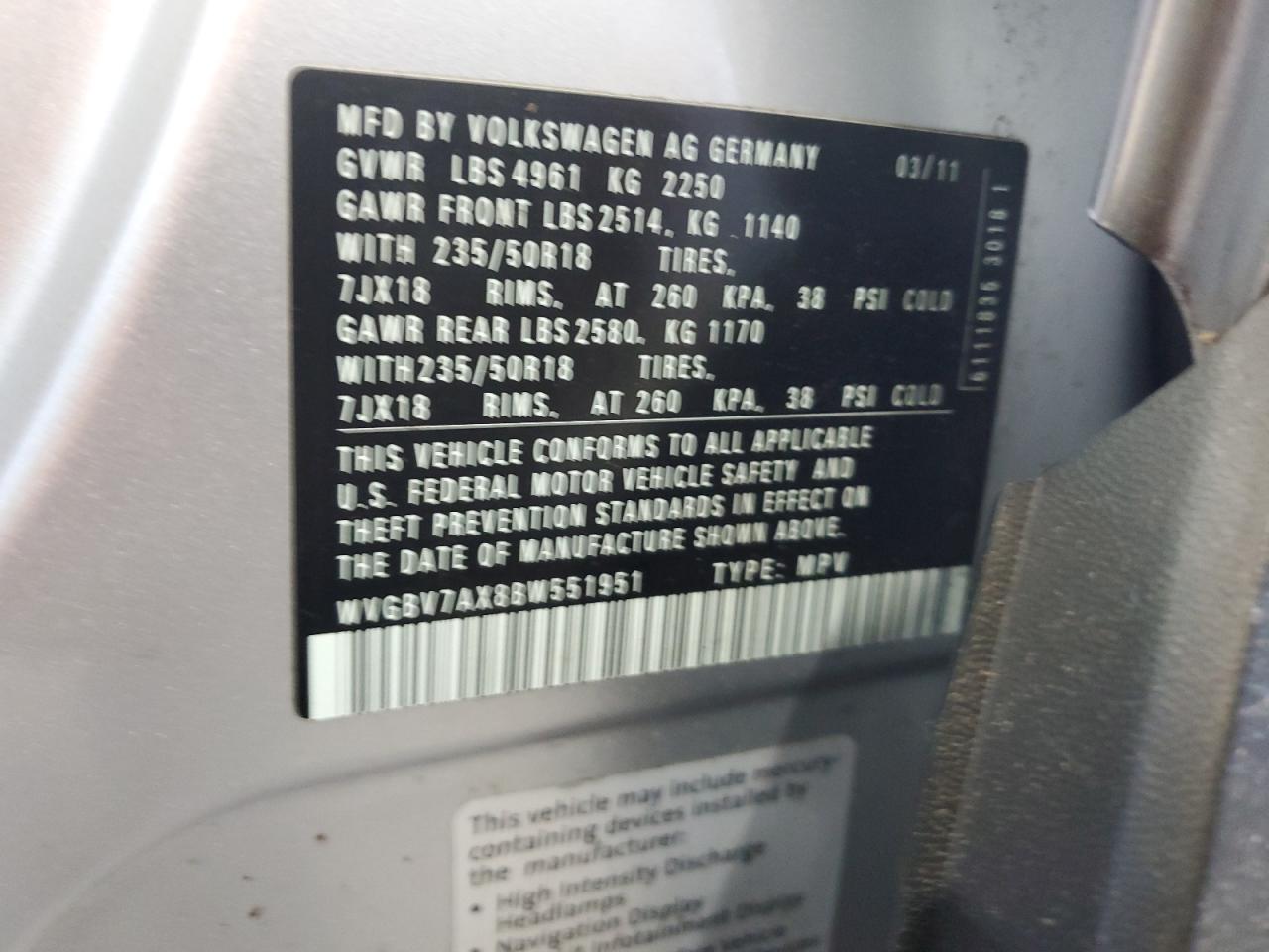 WVGBV7AX8BW551951 2011 Volkswagen Tiguan S